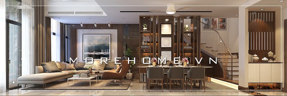 Phong cách hiện đại kết hợp cách trang trí gỗ nội thất tạo điểm nhấn độc đáo cho phòng khách liền phòng ăn.